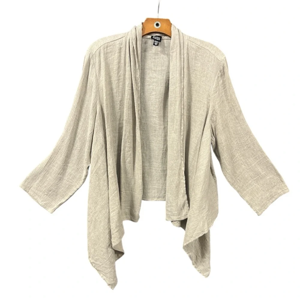 Eileen Fisher XL Coastal Linen Cotton Blend Open Front Drape Cardigan Lagenlook